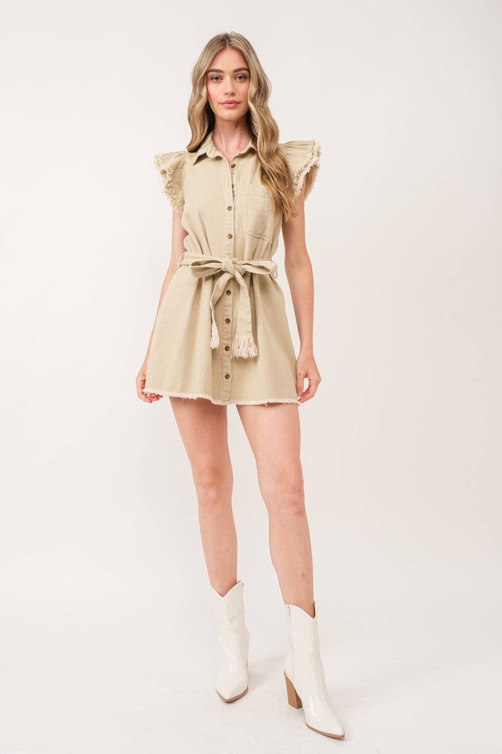 BEIGE COLLARED BUTTON DOWN SELF-TIE BELT MINI DRESS