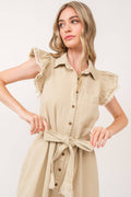 BEIGE COLLARED BUTTON DOWN SELF-TIE BELT MINI DRESS
