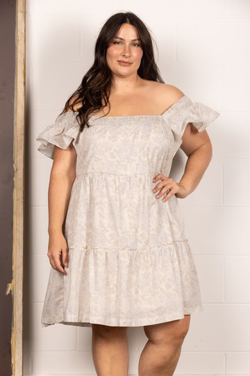 CREAM FLORAL PRINT ELASTIC RUFFLED SLEEVELESS PLUS SIZE: CREAM