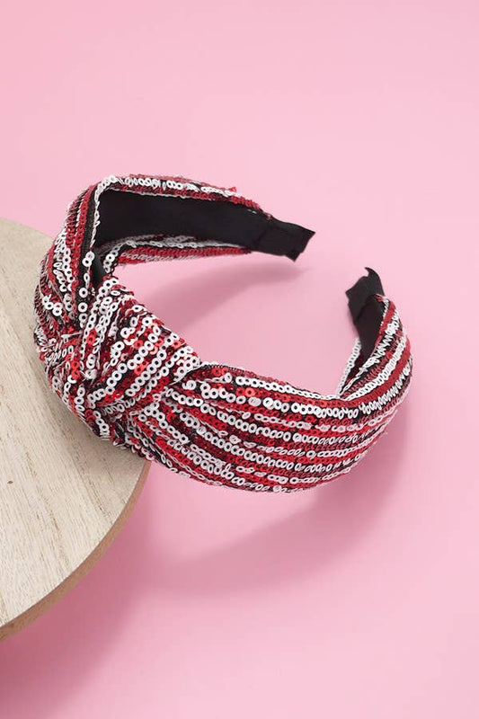 SEQUIN STRIPE EMBELLISHED KNOT HEADBAND: RED