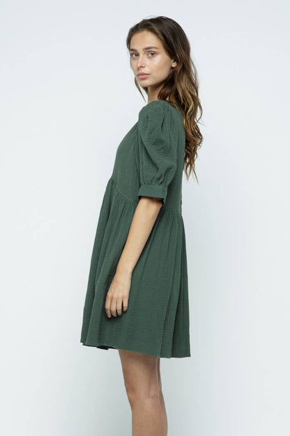 Puff Short Sleeve Mini Dress- Green