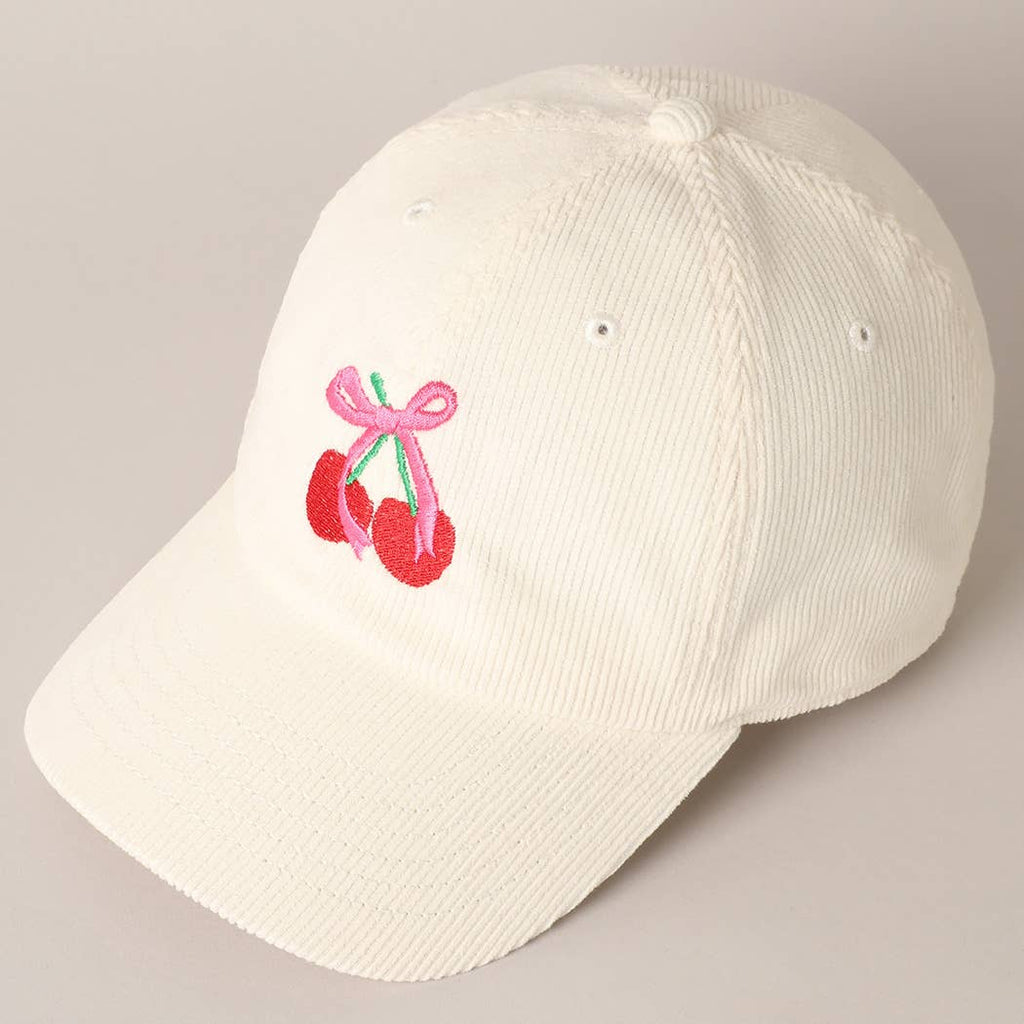 Cherries Ribbon Bow Embroidery Corduroy Cap: OFF WHITE / ONE SIZE