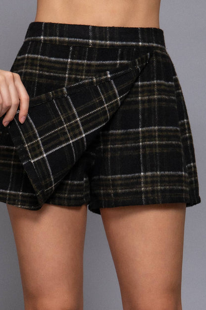 Black Plaid Wrap Shorts