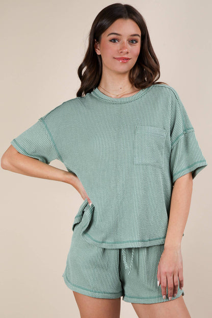 Oversized Two Tone Double Knit Top & Shorts: SAGE