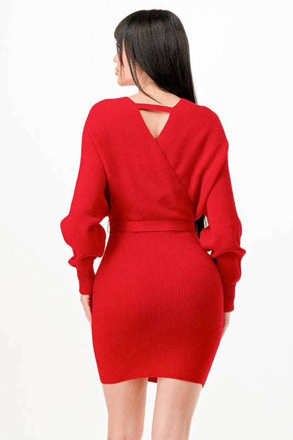 Solid color deep open sexy long sleeve sweater dress: Red