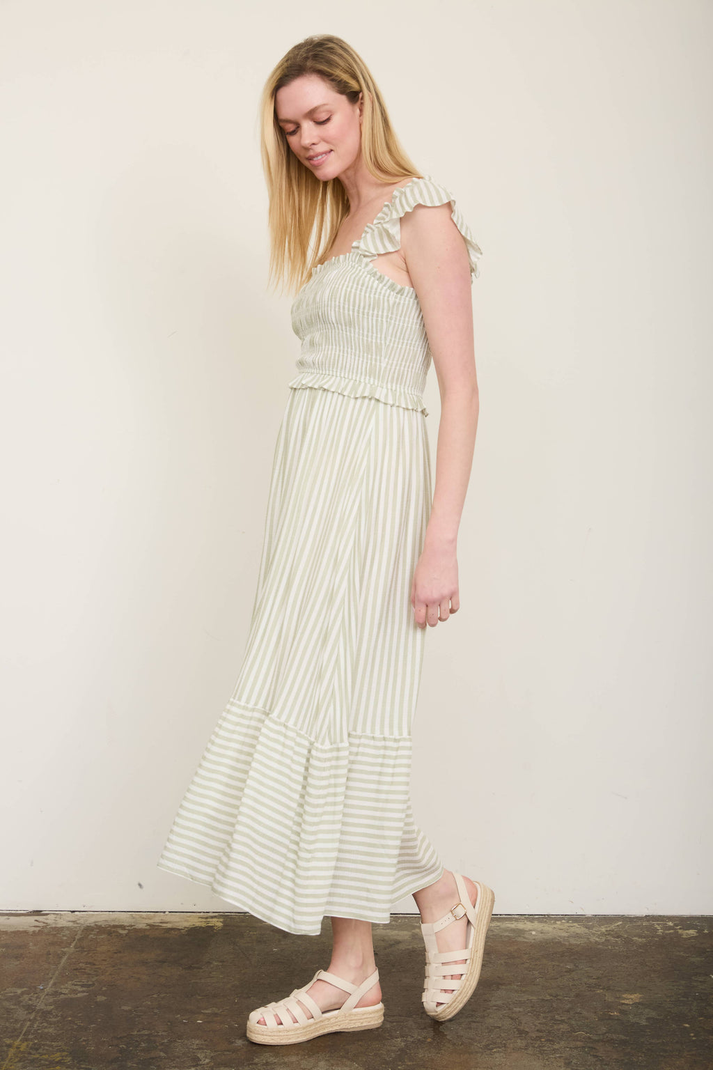 Sweet Stroll Striped Midi Dress: Light Olive