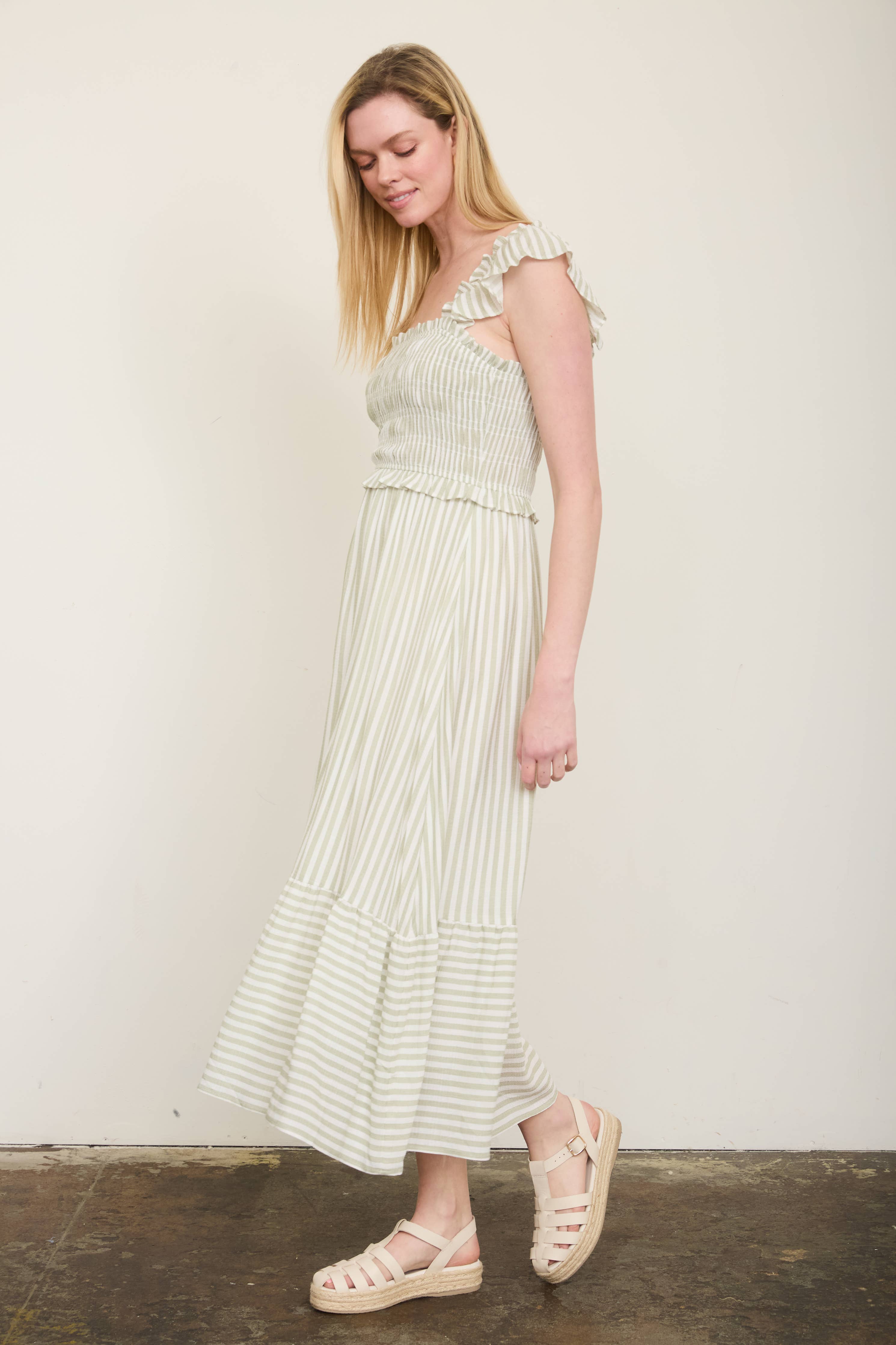 Sweet Stroll Striped Midi Dress: Light Olive