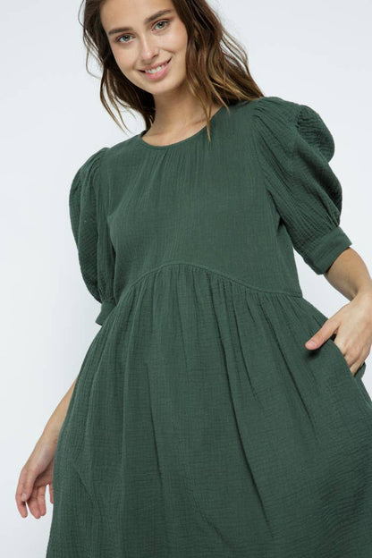 Puff Short Sleeve Mini Dress- Green