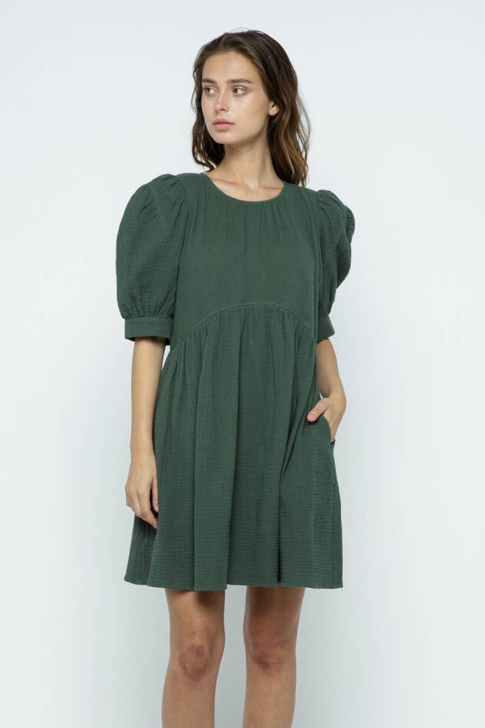 Puff Short Sleeve Mini Dress- Green