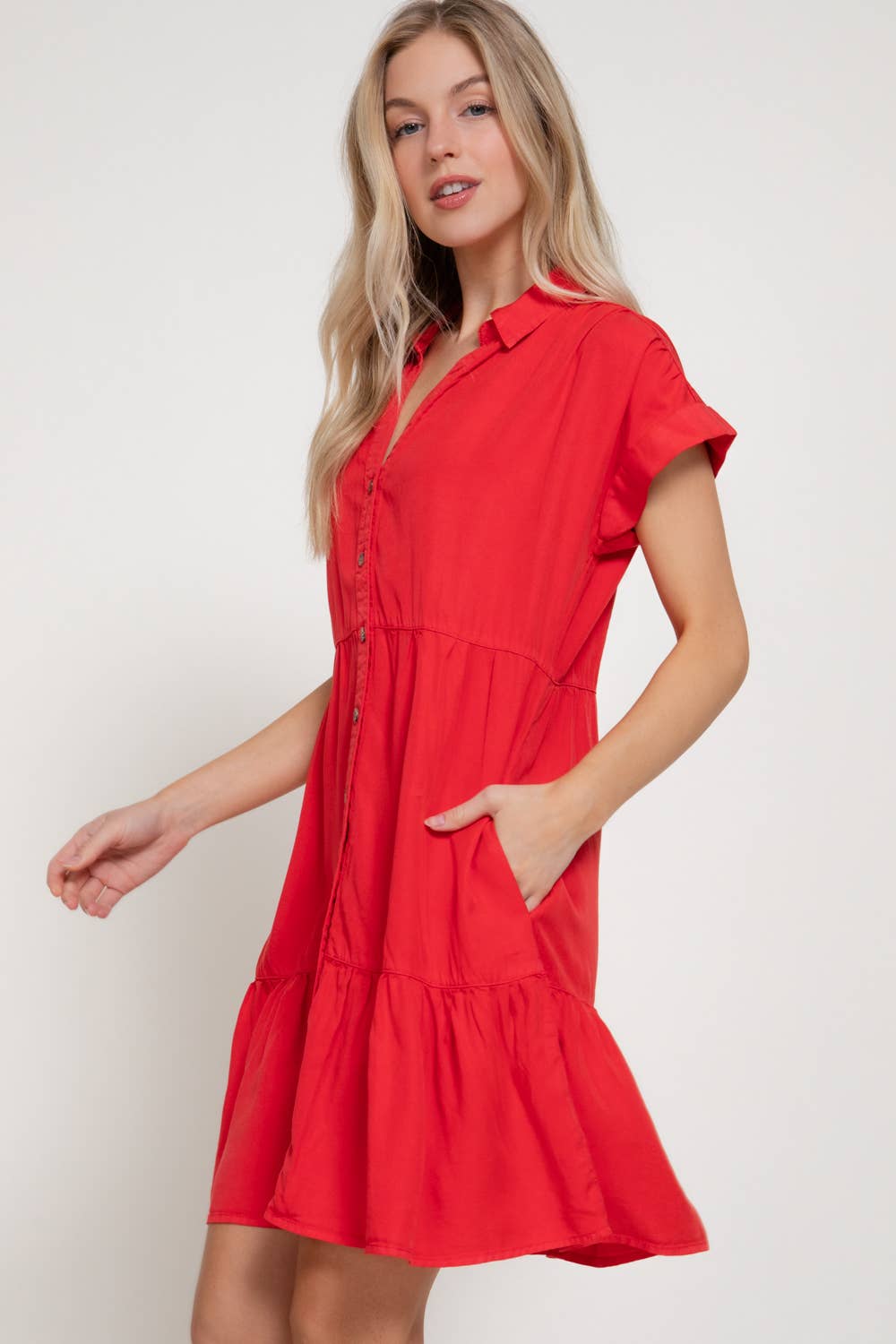 Short Sleeve Ruffled Mini Dress: Red