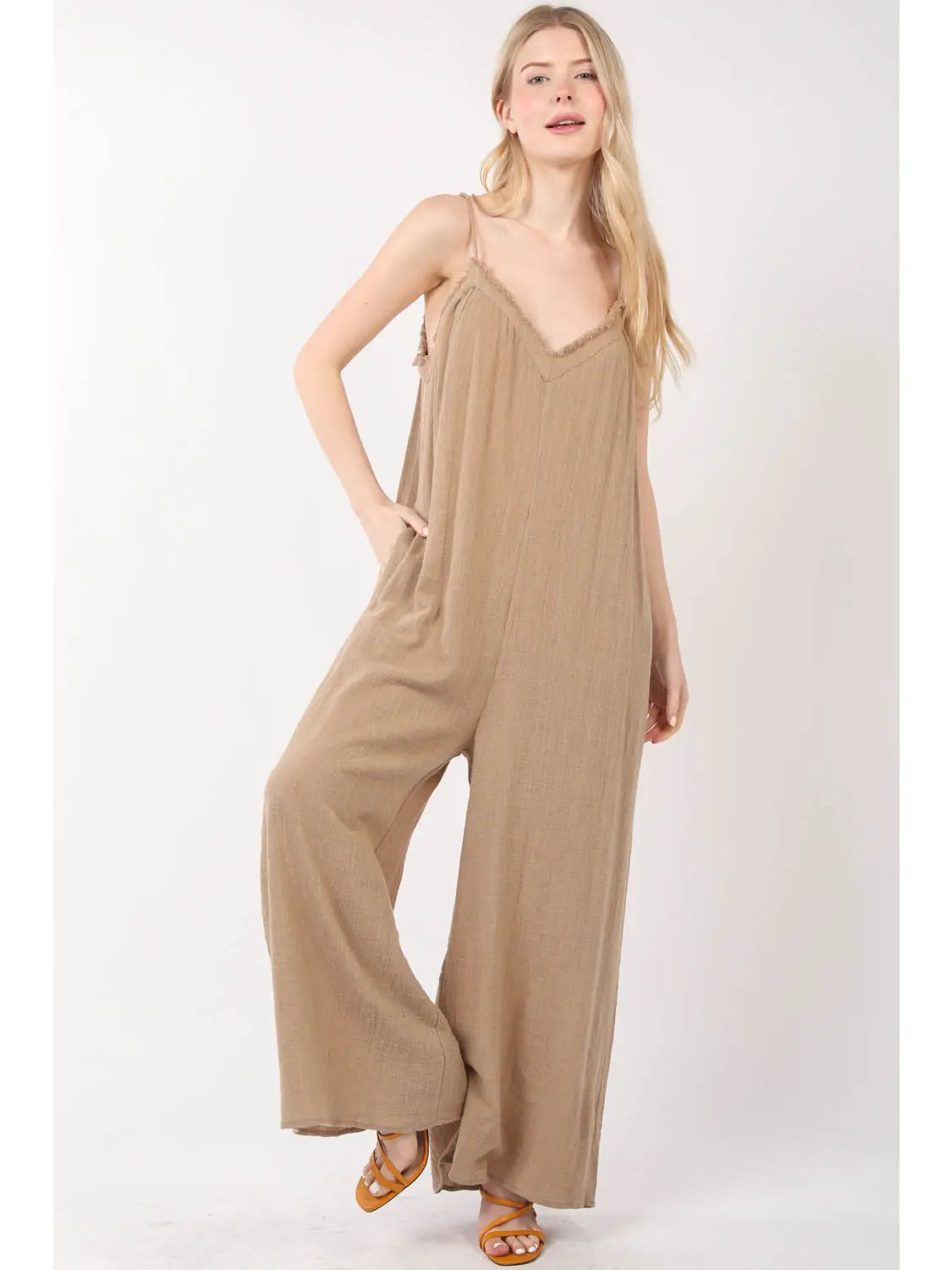 Gauze Wide Leg Jumpsuit- TAN