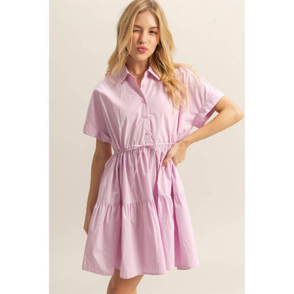 Drawstring Waist Poplin Tiered Mini Dress