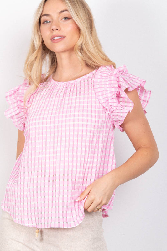 Layer Ruffle Sleeve Plaid Flannel Woven Top: Pink