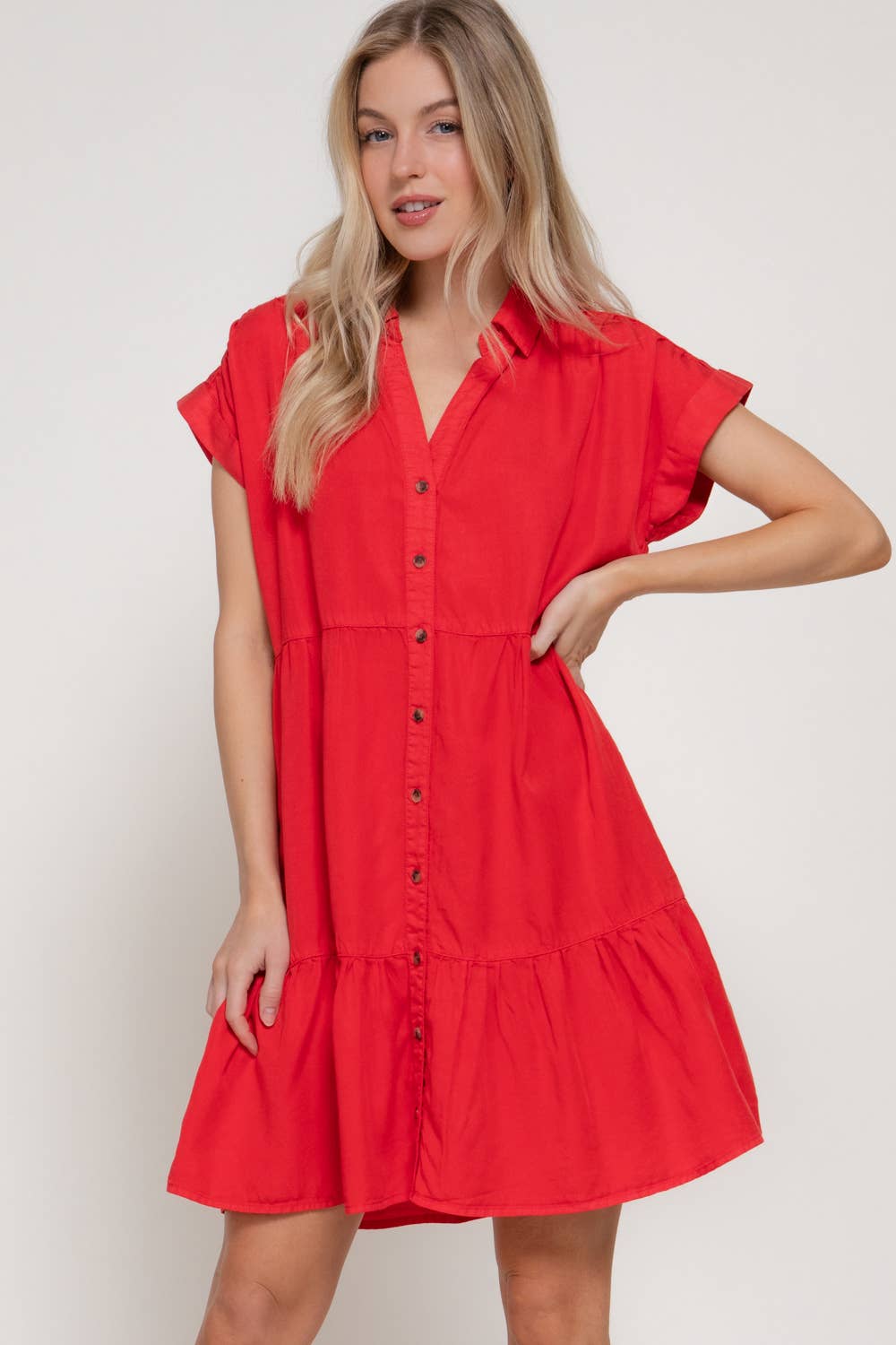 Short Sleeve Ruffled Mini Dress: Red