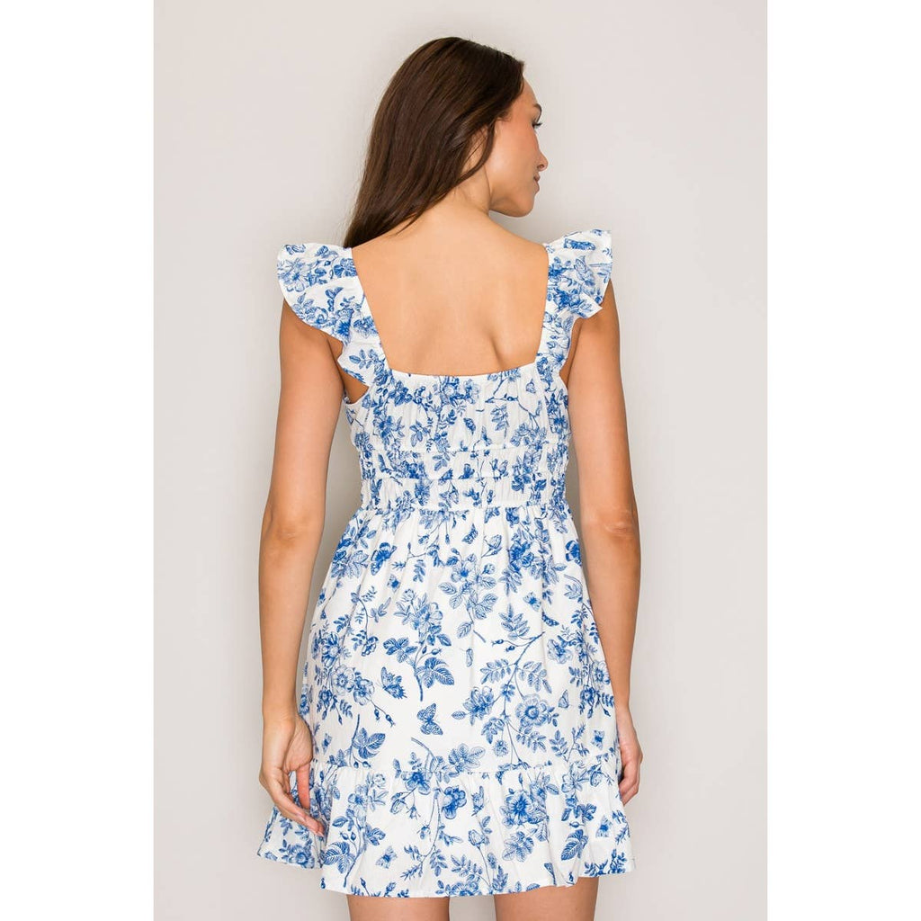 Flutter Strap Mini Dress: Hazel Blue Ivory