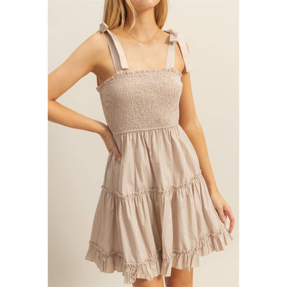 Poplin Self-Tie Straps Tiered Mini Dress