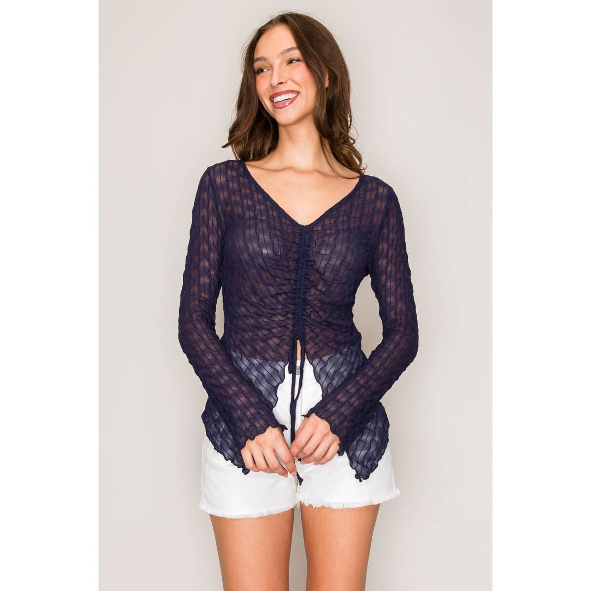 Front Flyaway Long Sleeve Top: Navy