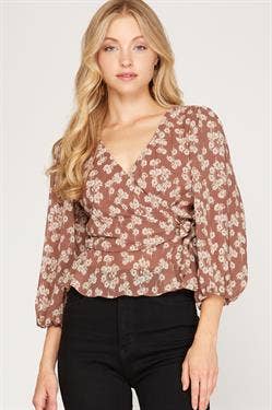 MOCHA FLORAL PRINT BUBBLE SLEEVES TOP