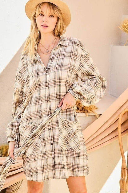 Bubble Sleeve Waist Belt Plaid Shirts Dress: TAUPE/BROWN