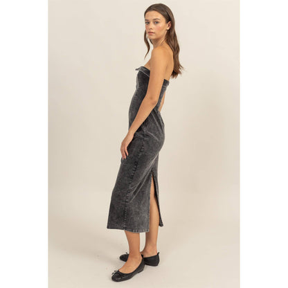 WASHED CORDUROY STRAPLESS DRESS: BLACK