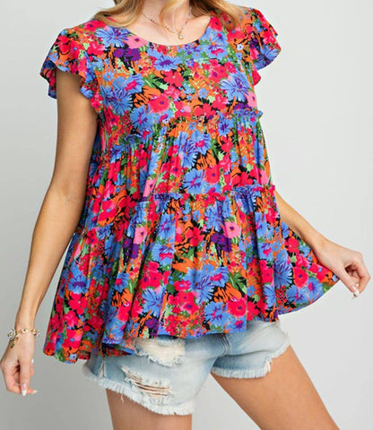 Relaxed Tiered Floral Ruffled Top