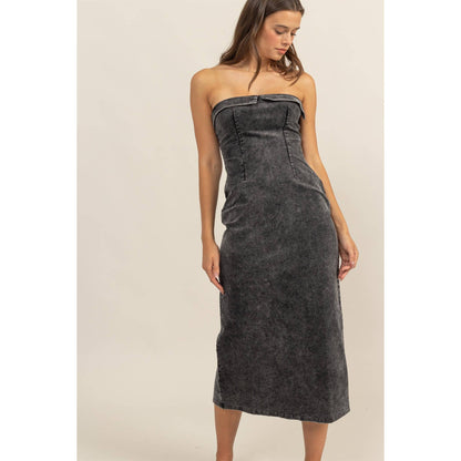WASHED CORDUROY STRAPLESS DRESS: BLACK