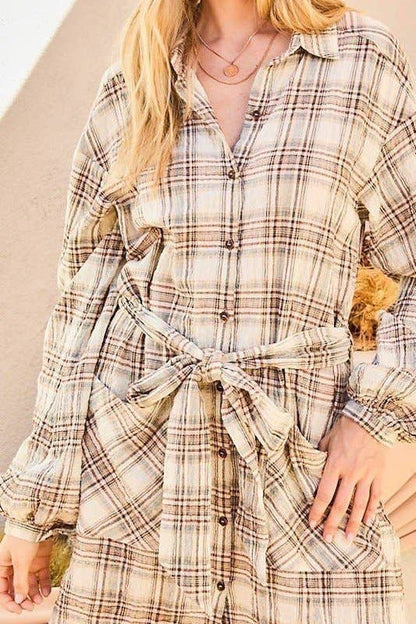 Bubble Sleeve Waist Belt Plaid Shirts Dress: TAUPE/BROWN