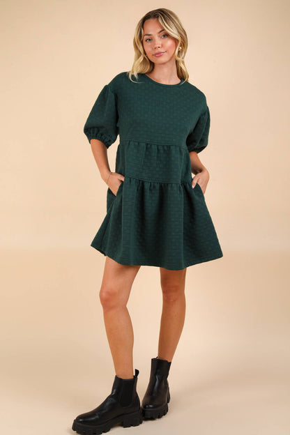 Quilted Knit Puff Sleeve Babydoll Mini Dress: Green