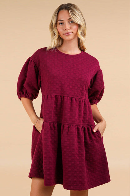 Quilted Knit Puff Sleeve Babydoll Dress PLUS SIZE: RASPBERRY