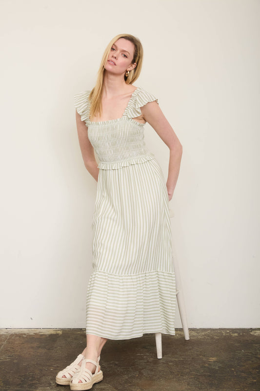 Sweet Stroll Striped Midi Dress: Light Olive