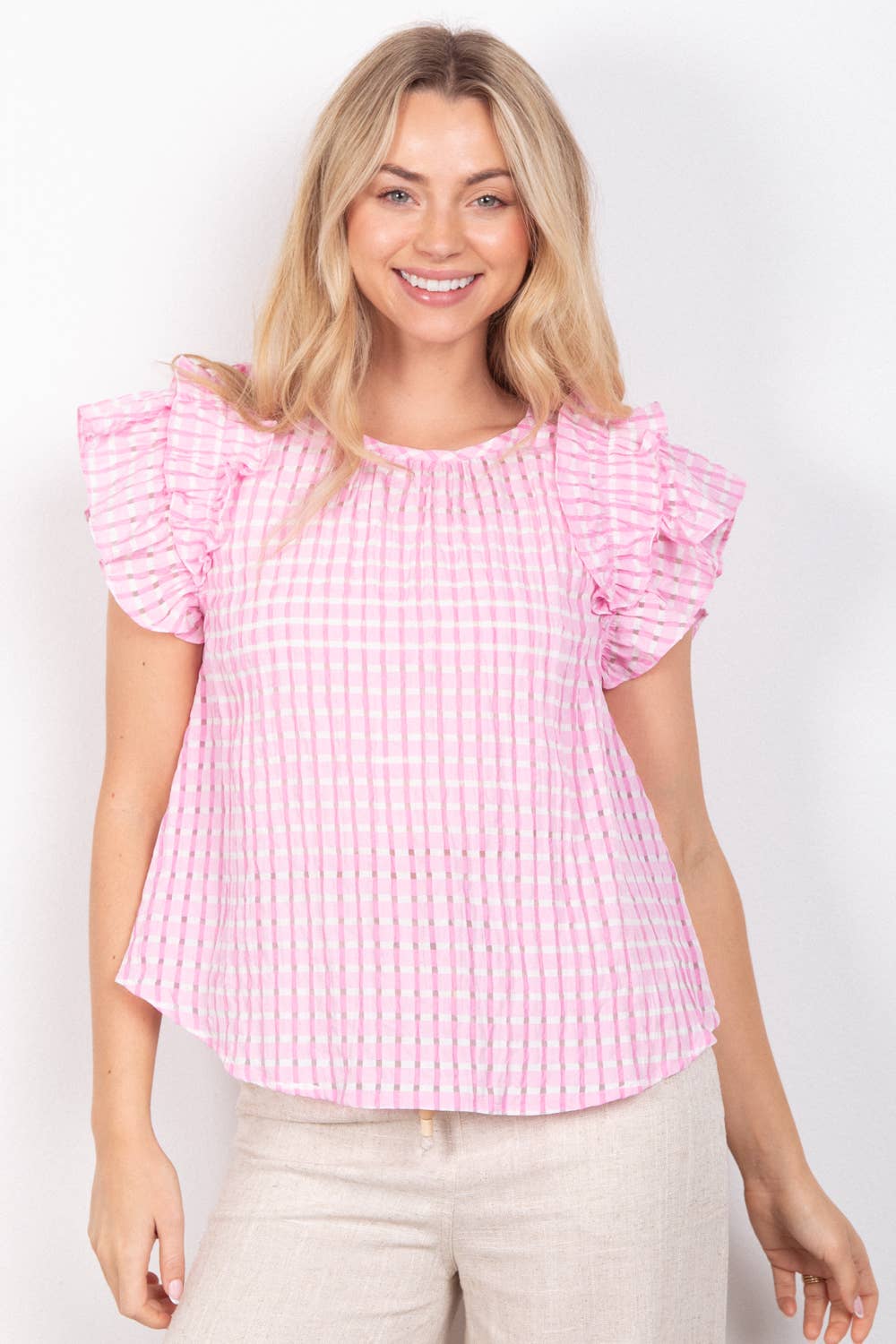 Layer Ruffle Sleeve Plaid Flannel Woven Top: Pink