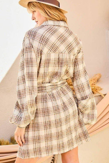 Bubble Sleeve Waist Belt Plaid Shirts Dress: TAUPE/BROWN