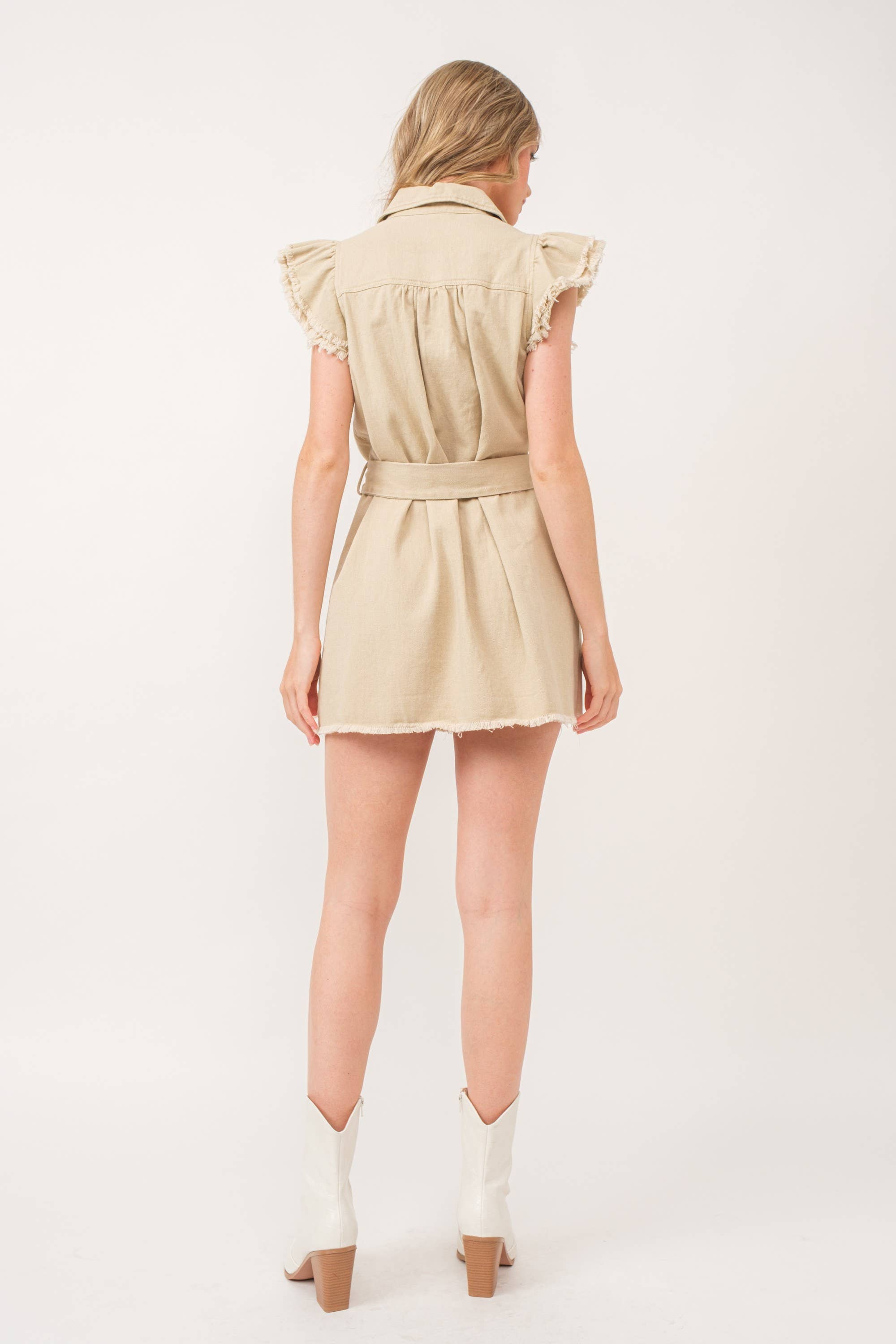 BEIGE COLLARED BUTTON DOWN SELF-TIE BELT MINI DRESS