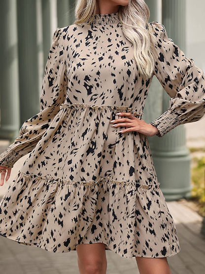 Printed Long Sleeved Strap Patchwork Dress: Brown