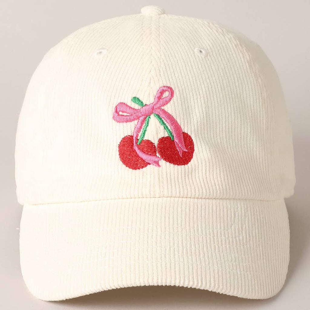Cherries Ribbon Bow Embroidery Corduroy Cap: OFF WHITE / ONE SIZE