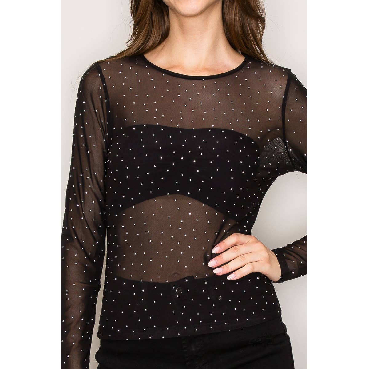 Rhinestone Embellished Mesh Top: White