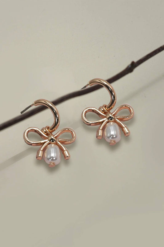 BOW PEARL DROP MINI HOOP EARRINGS: Gold