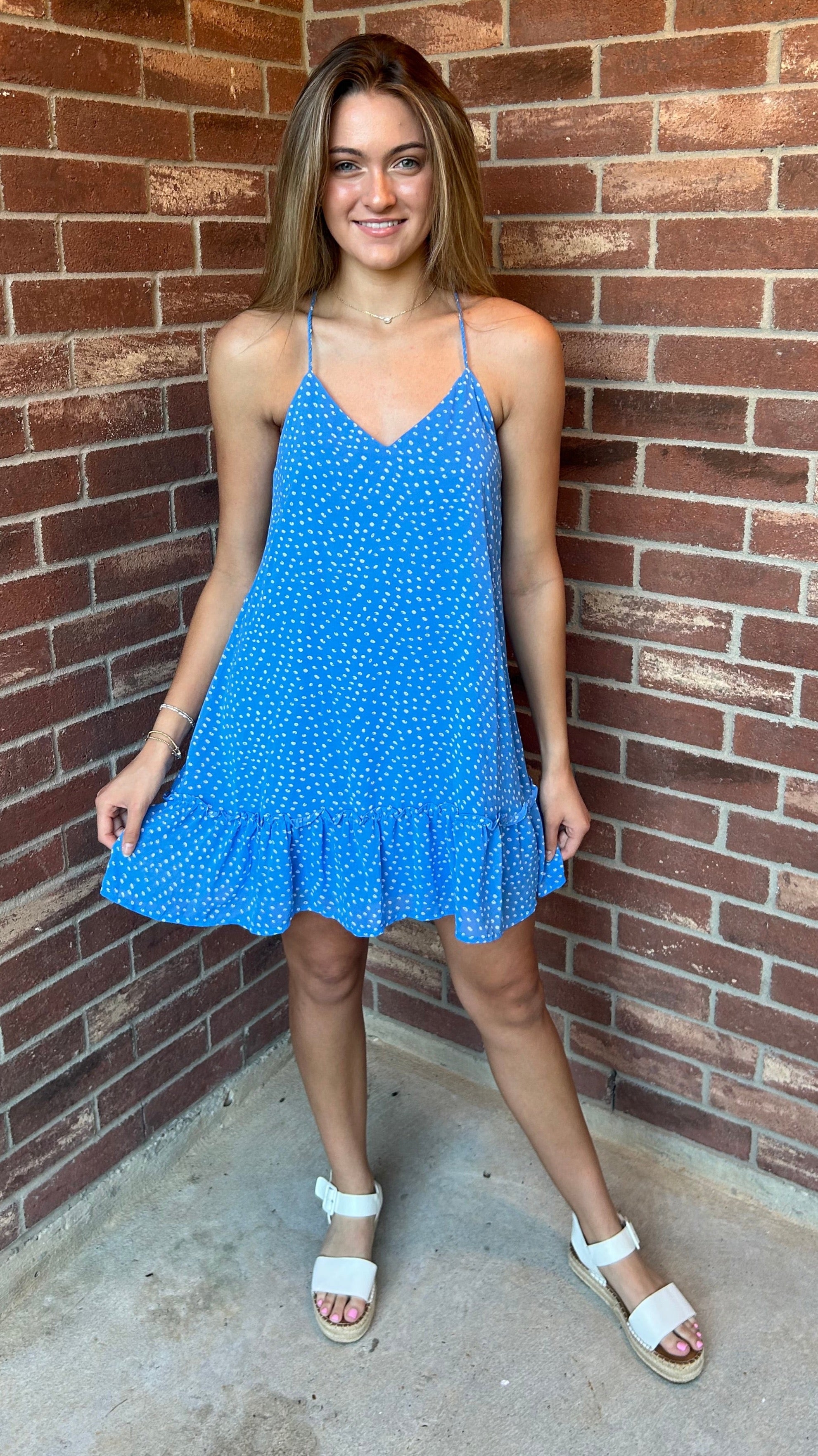SALE:Ruffle Bottom Blue Strap Dress