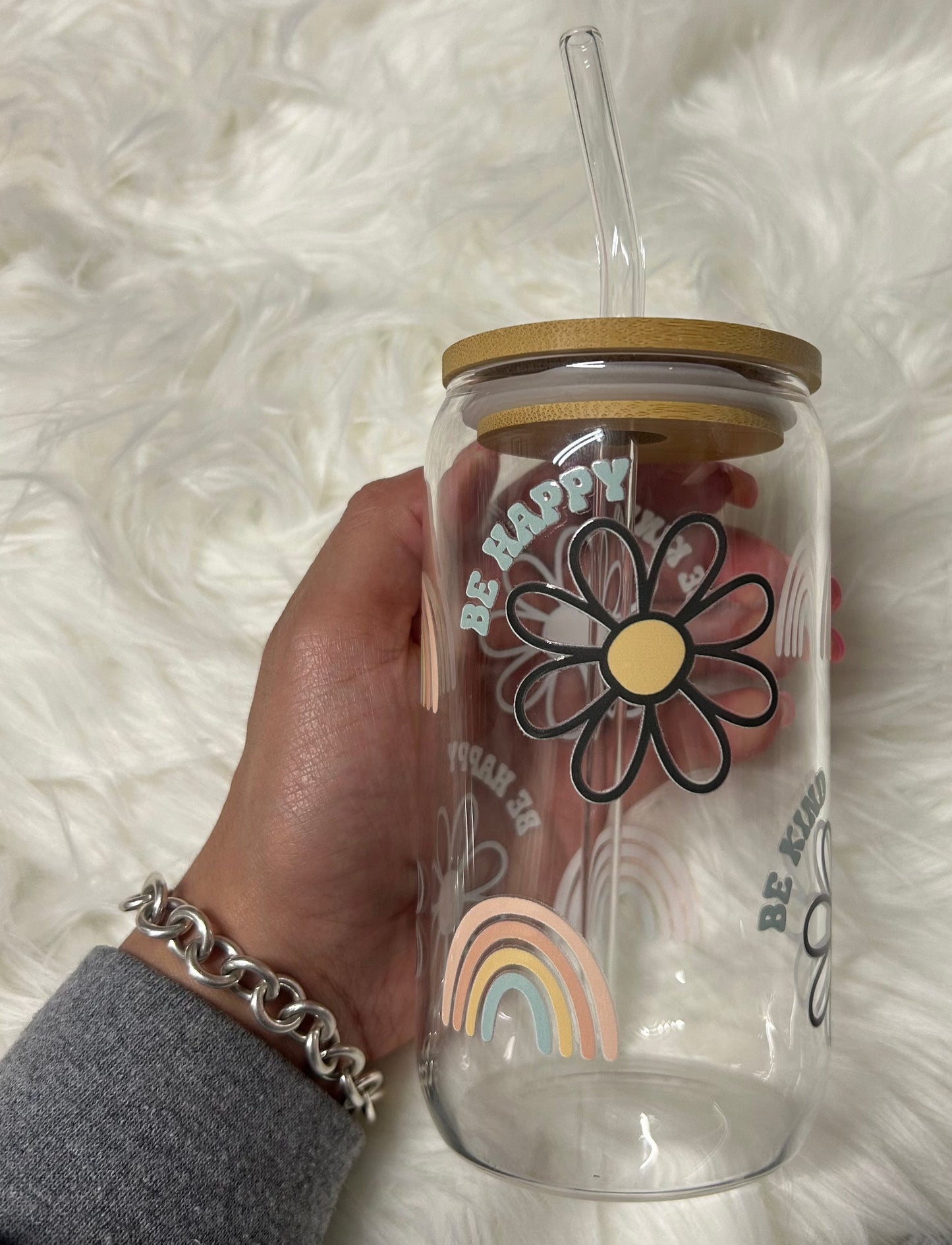 16oz Be Happy glass cup