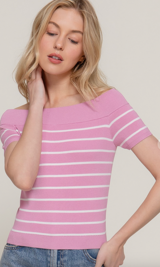 Pink Striped Off-the-Shoulder Knit Top
