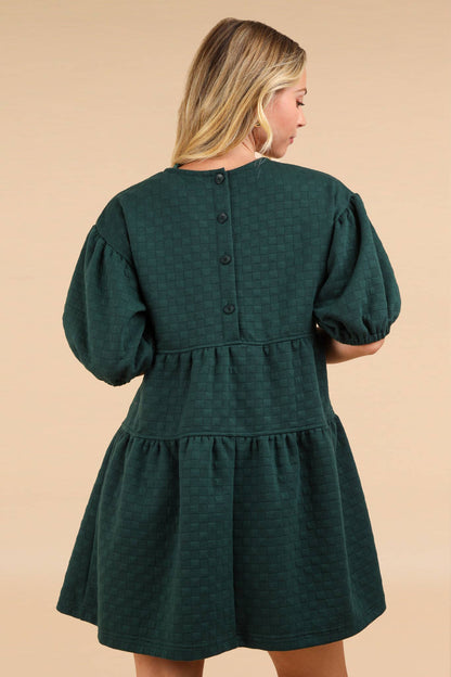 Quilted Knit A-Line Puff Sleeve Babydoll Mini Dress: FOREST
