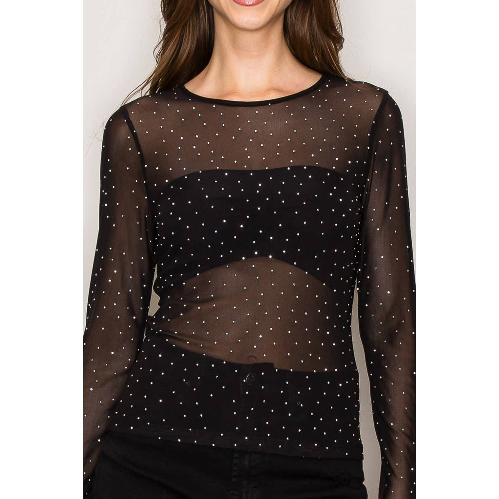 Rhinestone Embellished Mesh Top: White