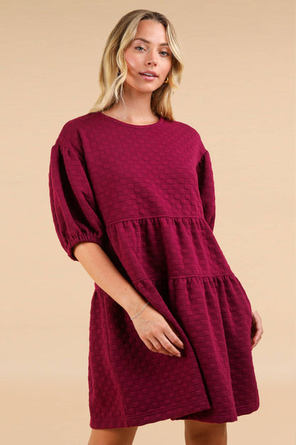 Quilted Knit Puff Sleeve Babydoll Dress PLUS SIZE: RASPBERRY