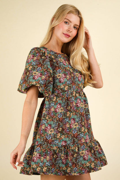 Floral Jacquard Fabric Holiday Mini Dress: BEIGE MIX