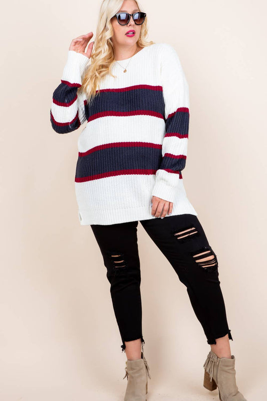 NAVY VARSITY STRIPE SIDE SLIT SWEATER-