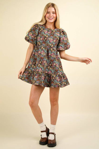 Floral Jacquard Fabric Holiday Mini Dress: BEIGE MIX