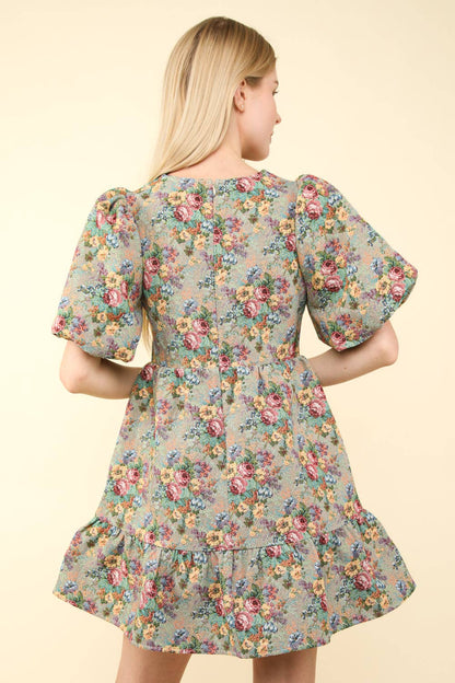 Floral Jacquard Fabric Holiday Mini Dress: BEIGE MIX
