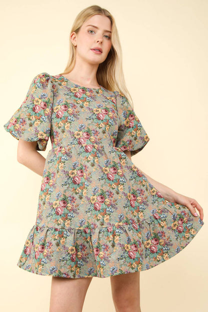 Floral Jacquard Fabric Holiday Mini Dress: BEIGE MIX