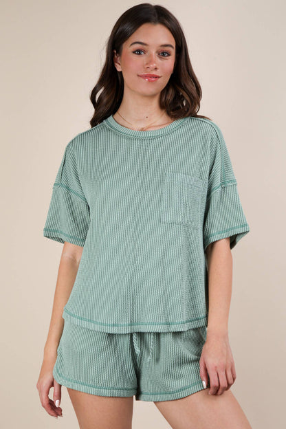 Oversized Two Tone Double Knit Top & Shorts: SAGE