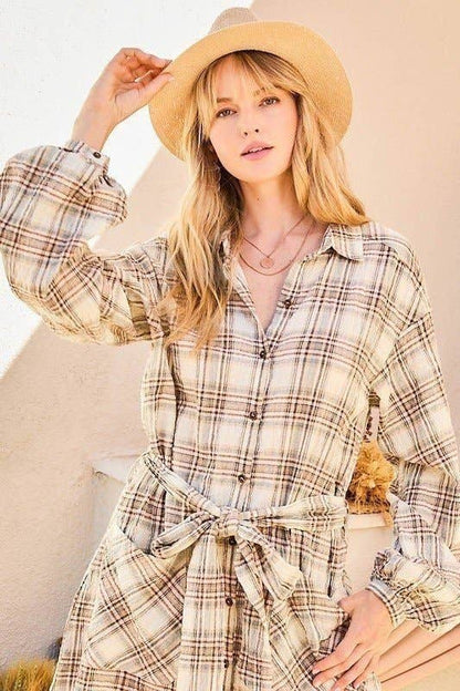 Bubble Sleeve Waist Belt Plaid Shirts Dress: TAUPE/BROWN